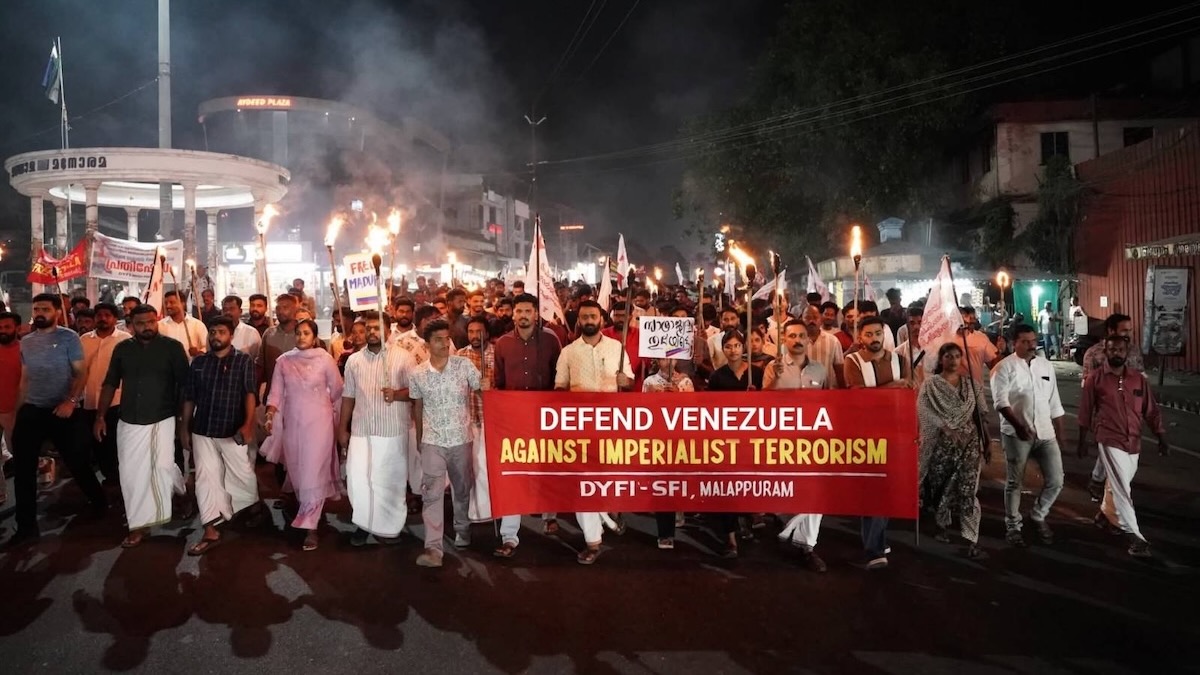 Protests by the Democratic Youth Federation of India - Central Executive Committee in Kerala condemning the US assault on Venezuela and the abduction of President Nicolas Maduro and First Lady Cilia Flores.