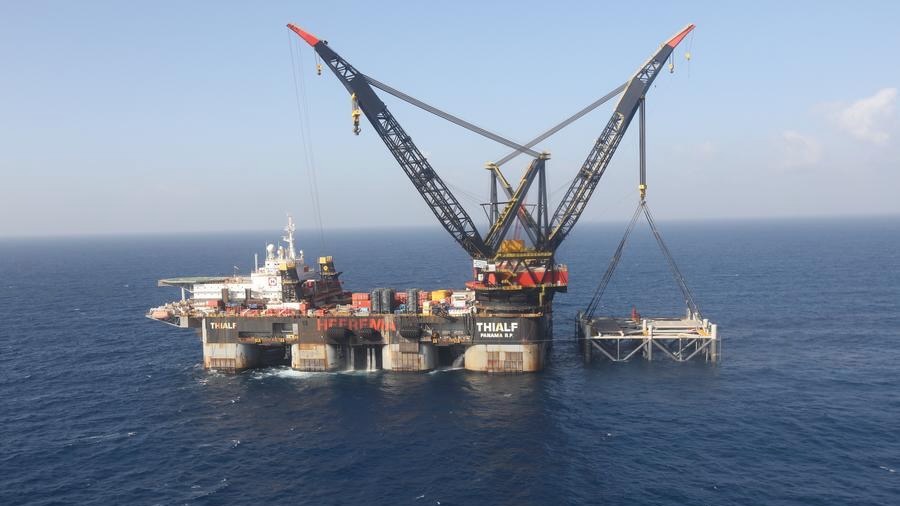 This file picture shows the Leviathan gas platform of Noble Energy under construction in the Mediterranean Sea, some 10 kilometers off the Israeli coast, on Jan. 31, 2019. Photo: Xinhua