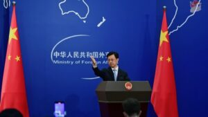 Guo Jiakun speaks at podium during Ministry of Foreign Affairs press conference
