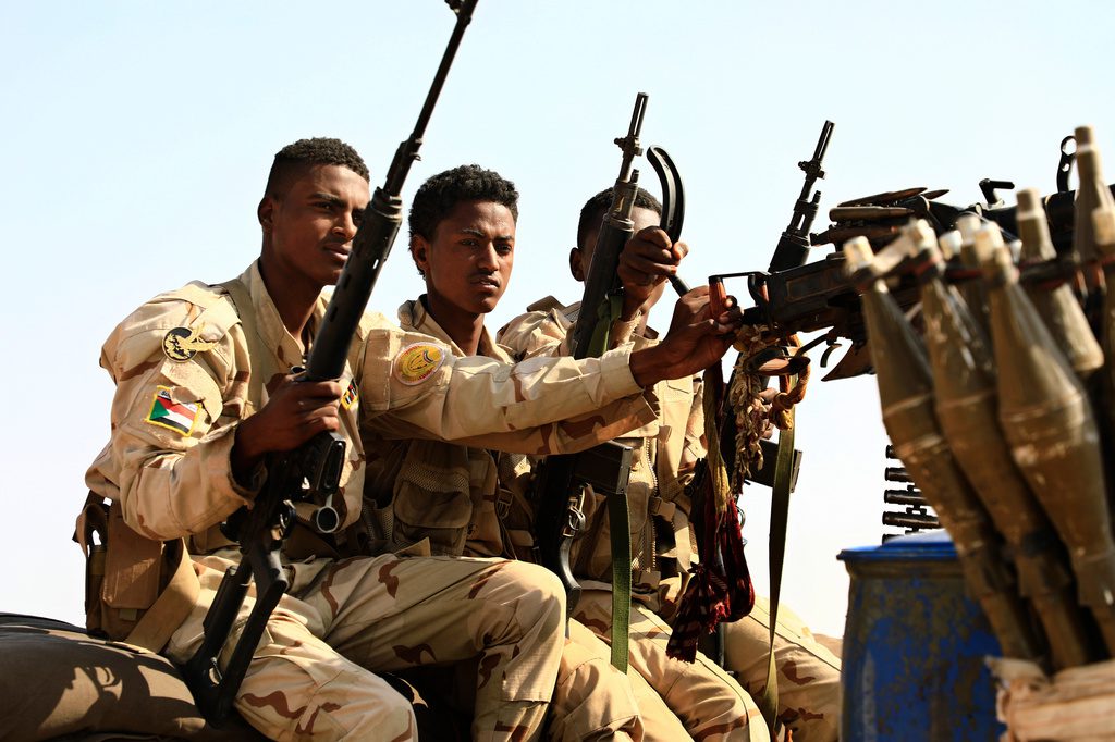 Rapid Support Forces unit patrol during a rally for Gen. Mohammed Hamdan Dagalo, in Garawee town, north of Sudan, on June 15, 2019.