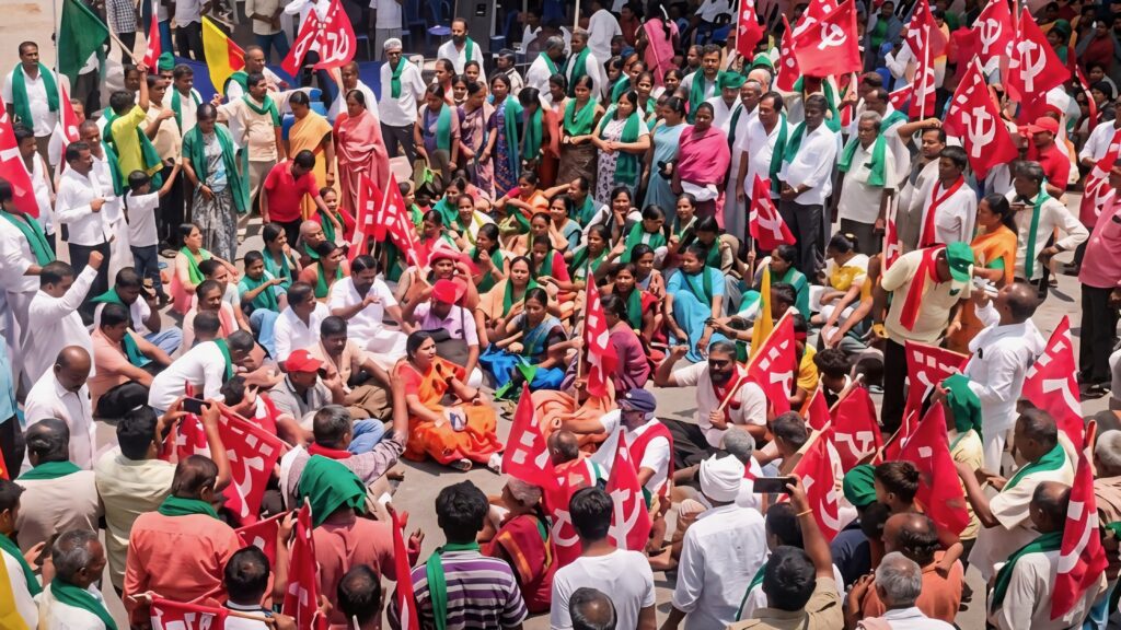 large group of Indian farmers sit in a circle holding red flags