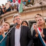 La France Insoumises Jean-Luc Mélenchon speaks in front of a crowd