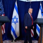 US President Donald Trump and Israeli Prime Minister Benjamin Netanyahu stand at podiums