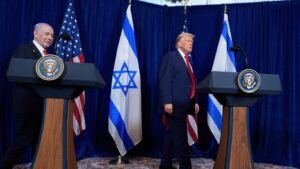 US President Donald Trump and Israeli Prime Minister Benjamin Netanyahu stand at podiums