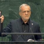 Iranian President Masoud Pezeshkian speaking at the UNGA on September 23.